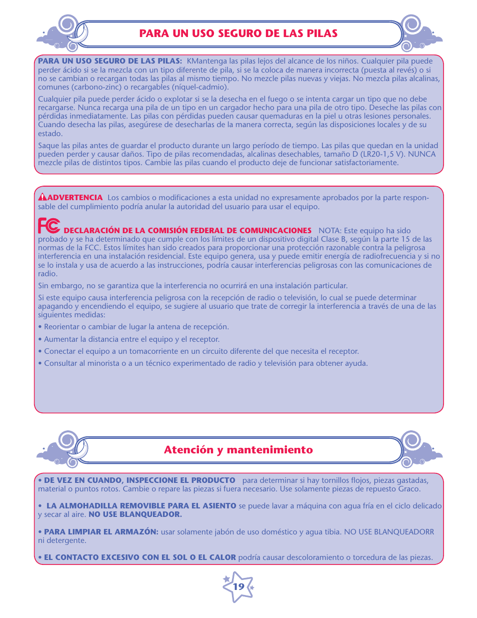 Para un uso seguro de las pilas, Atención y mantenimiento, Atención | Mantenimiento | Graco 1759162 User Manual | Page 19 / 20