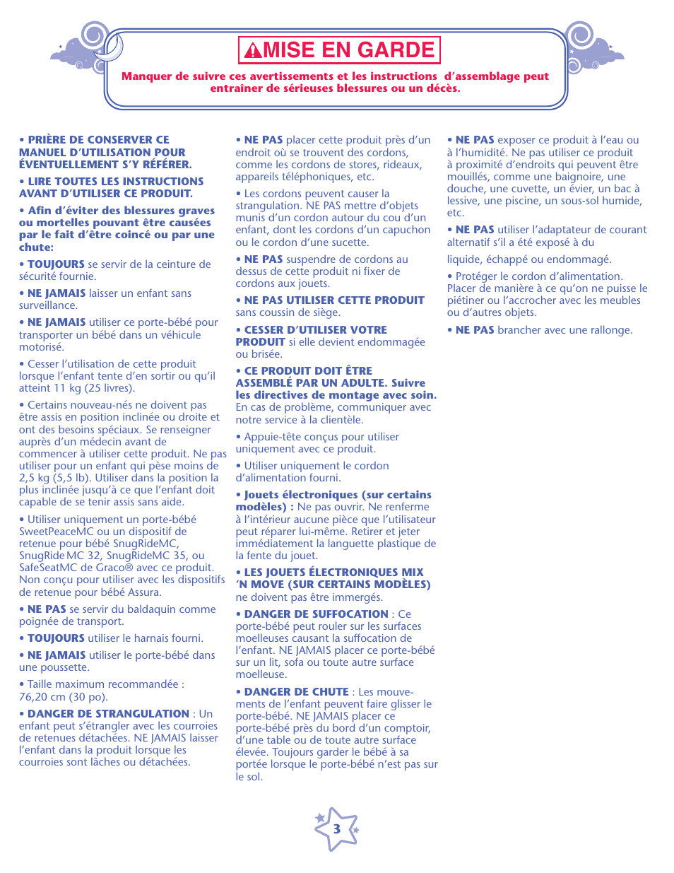 Am\se en garde, Danger de strangulation : un, Ne pas utiliser cette produit | Danger de suffocation : ce | Graco 1759162 User Manual | Page 3 / 20