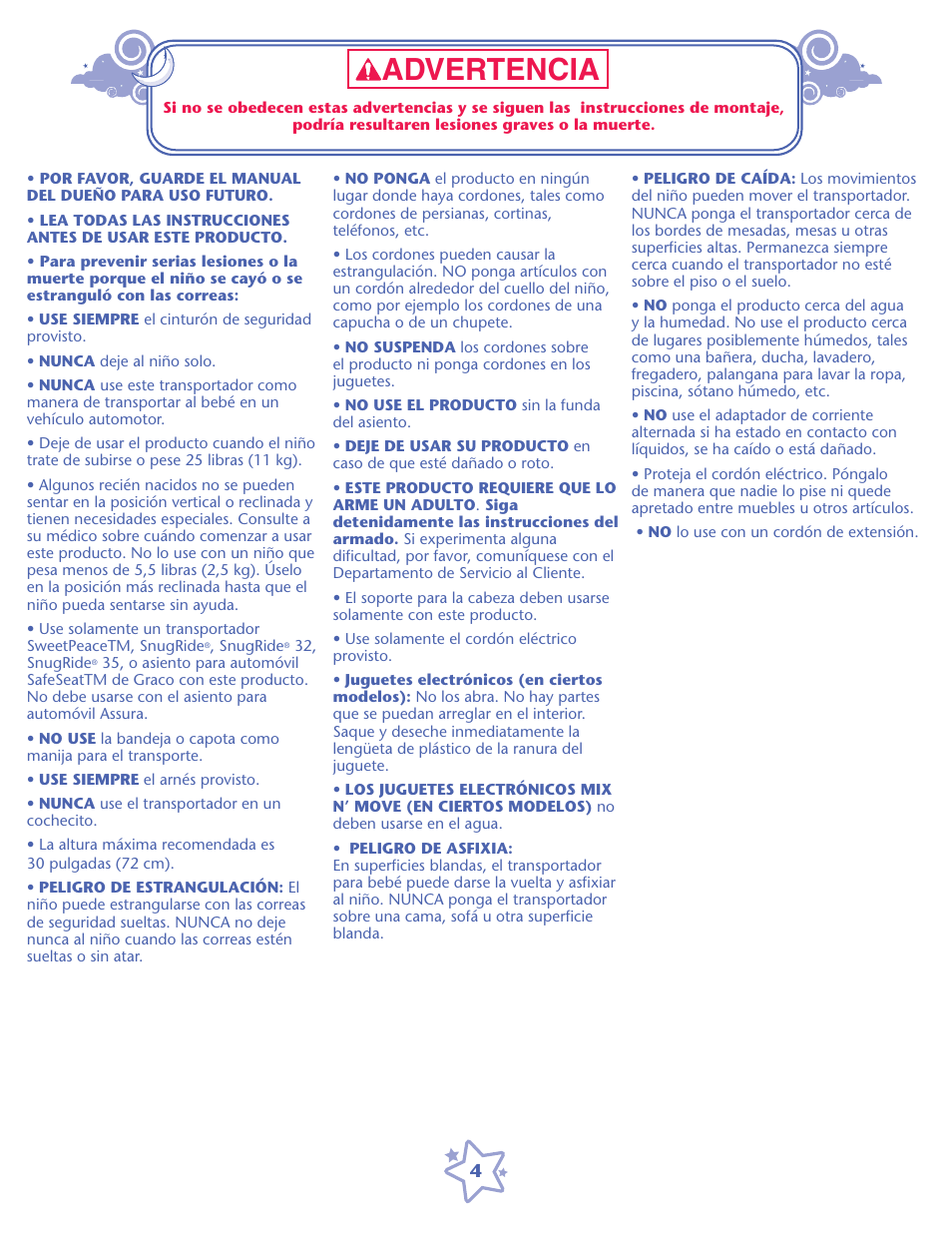 Aadvertencia, Pelicro de estranculación: el, Deje de usar su producto en | Pelicrodeasfixia | Graco 1759162 User Manual | Page 4 / 20