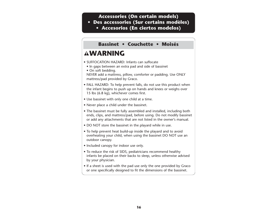 Warning | Graco Pack 'n Play 9955SML User Manual | Page 16 / 40
