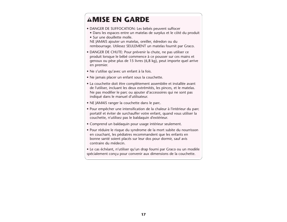 Mise en garde | Graco Pack 'n Play 9955SML User Manual | Page 17 / 40