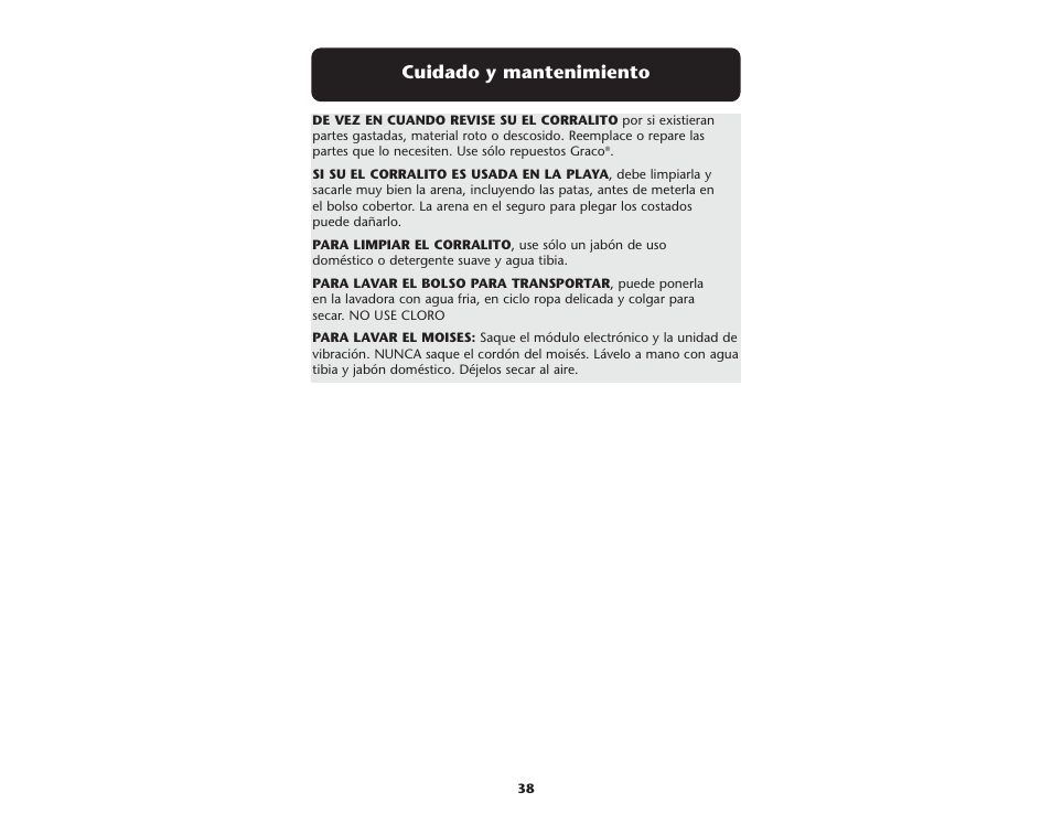 Cuidado y mantenimiento | Graco Pack 'n Play 9955SML User Manual | Page 38 / 40