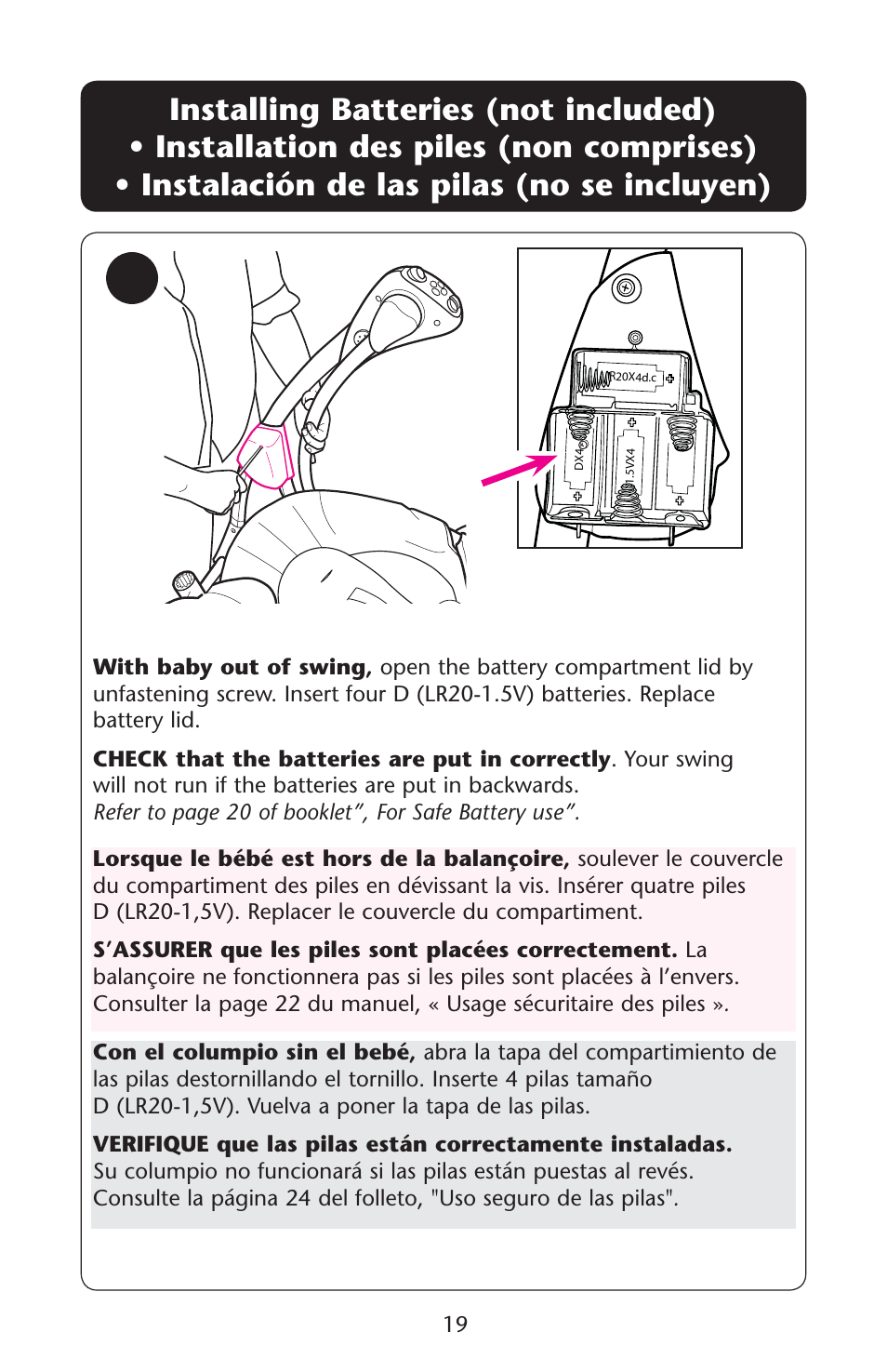 Installing batteries (not included) s s | Graco Silhouette 1761304 User Manual | Page 19 / 44