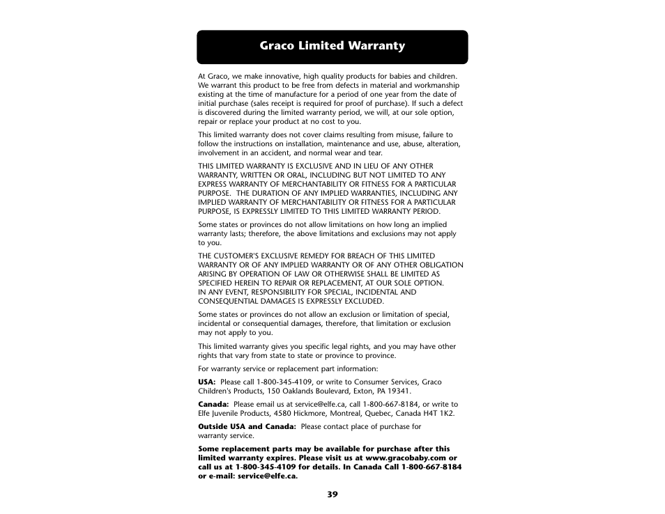 Graco limited warranty | Graco ISPA109AB User Manual | Page 39 / 44
