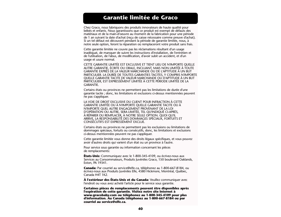 Arantie limitée de graco | Graco ISPA109AB User Manual | Page 40 / 44