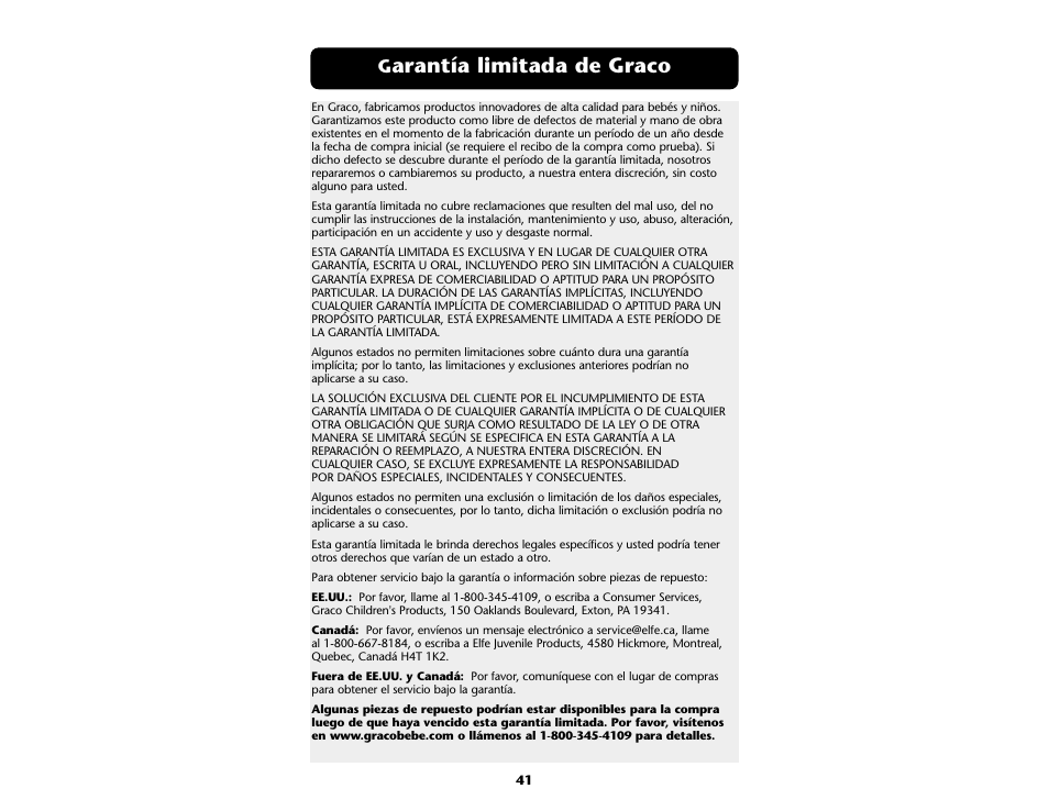 Arantía limitada de graco | Graco ISPA109AB User Manual | Page 41 / 44
