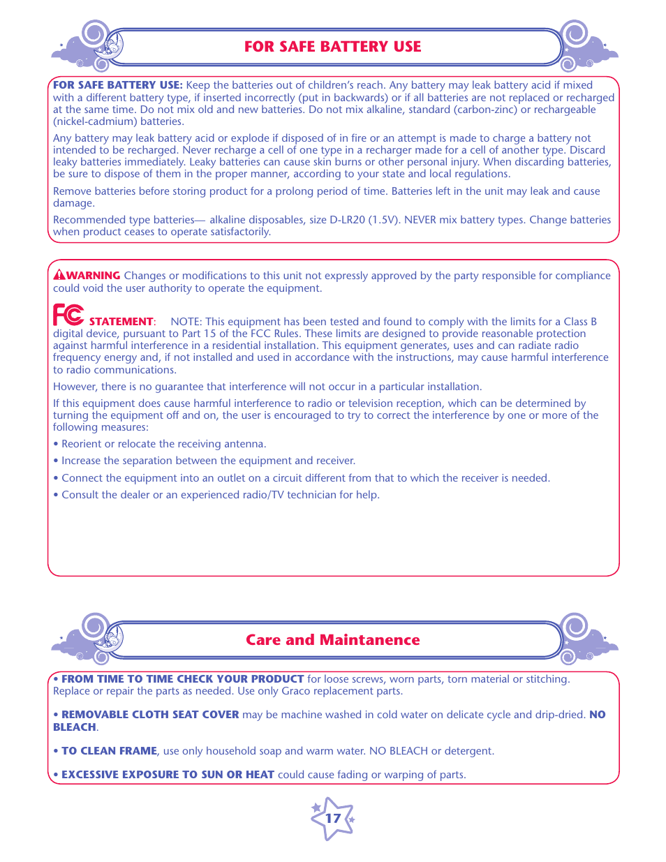 Care and maintanence, For safe battery use | Graco ISPS057AC User Manual | Page 17 / 20