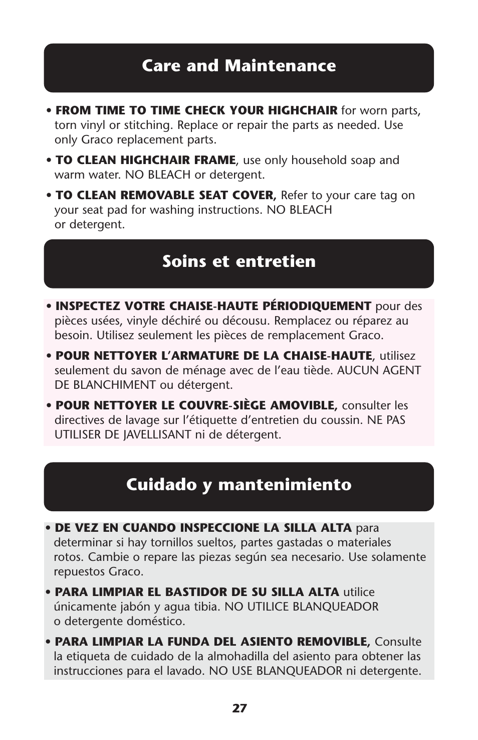 Care and maintenance, Soins et entretien cuidado y mantenimiento | Graco Meal Time ISPH016AD User Manual | Page 27 / 28