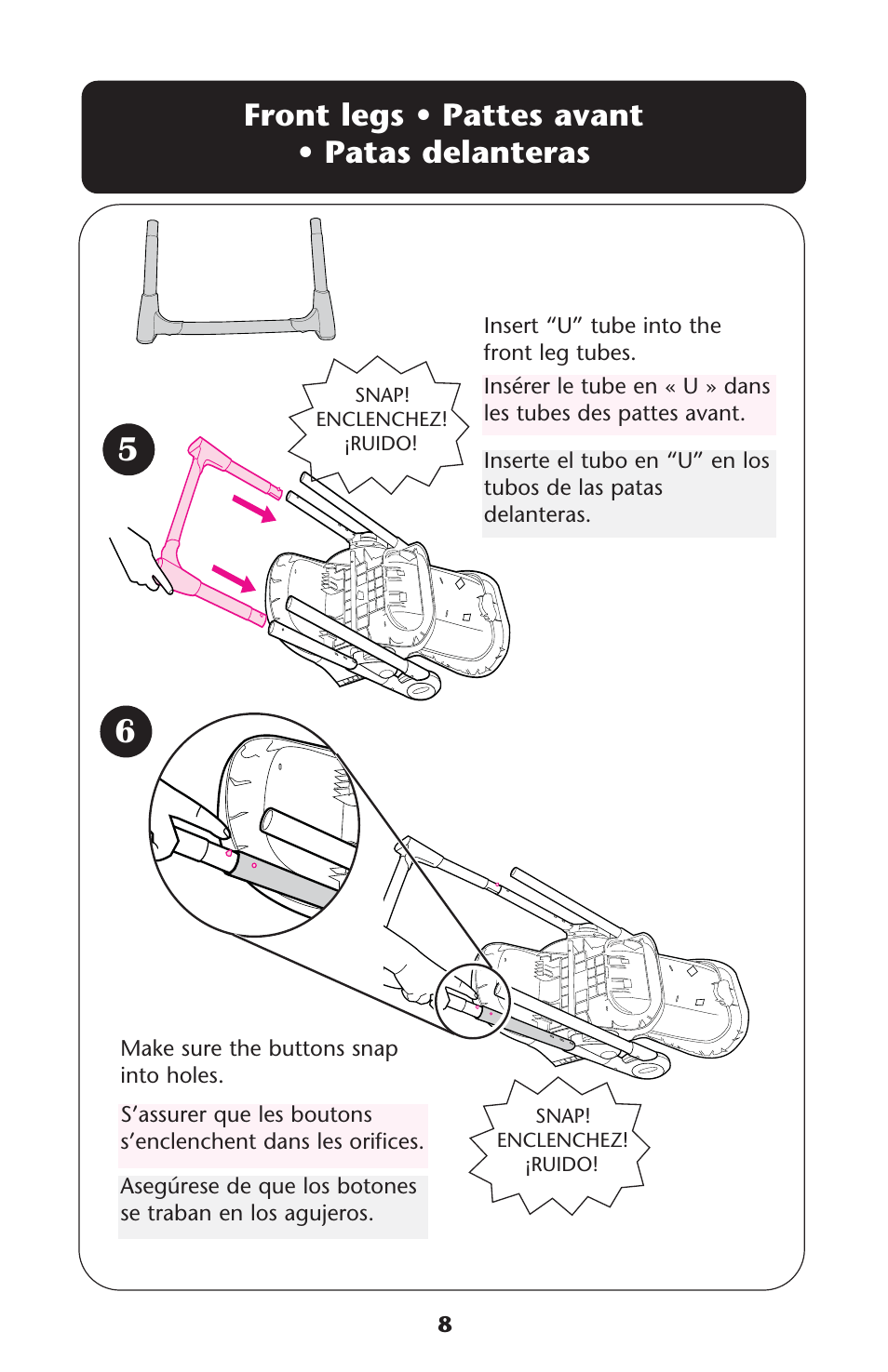 Front legs • pattes avant • patas delanteras | Graco Meal Time ISPH016AD User Manual | Page 8 / 28