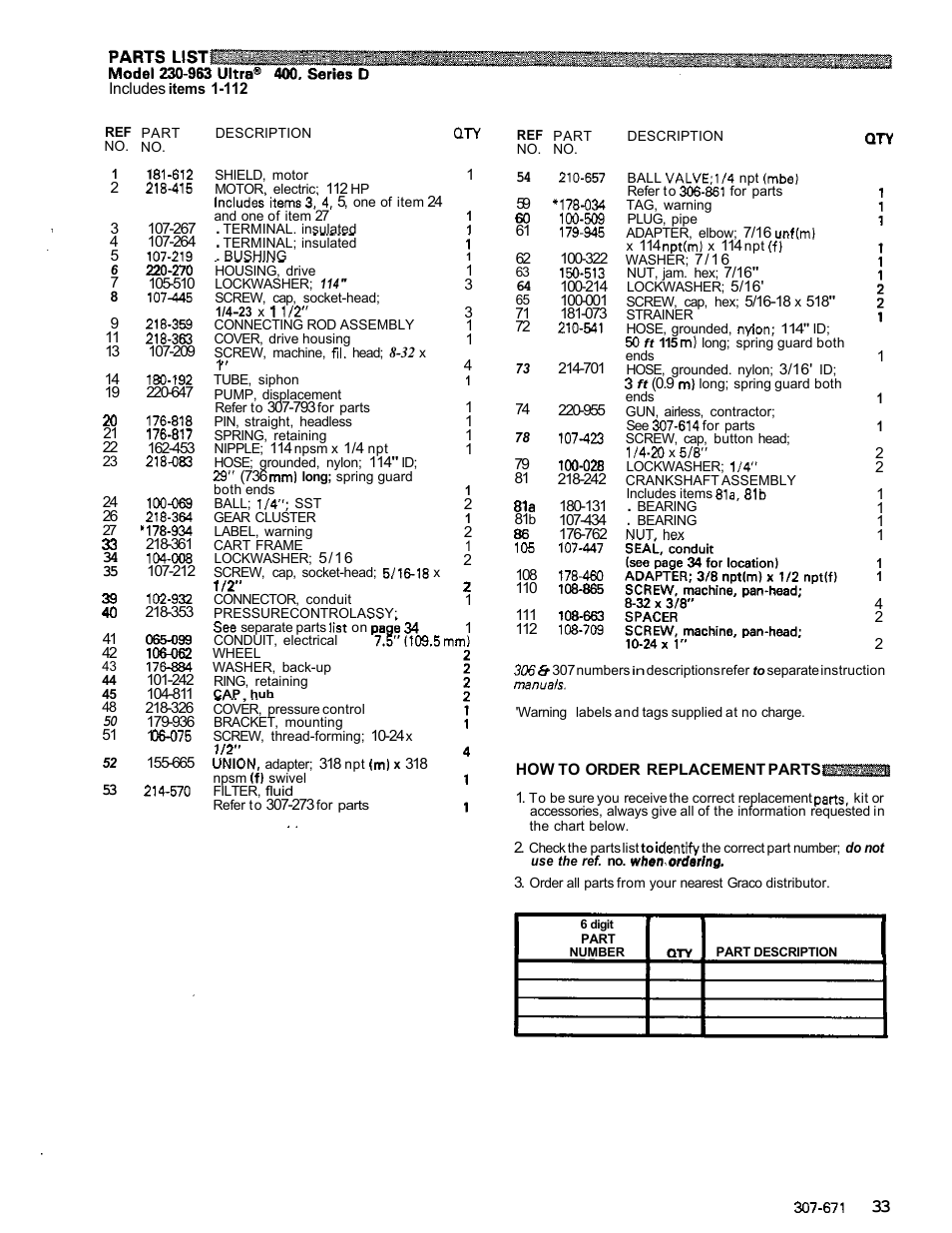 How to order replacement parts | Graco ULTRA AIRLESS 230-963 User Manual | Page 34 / 37