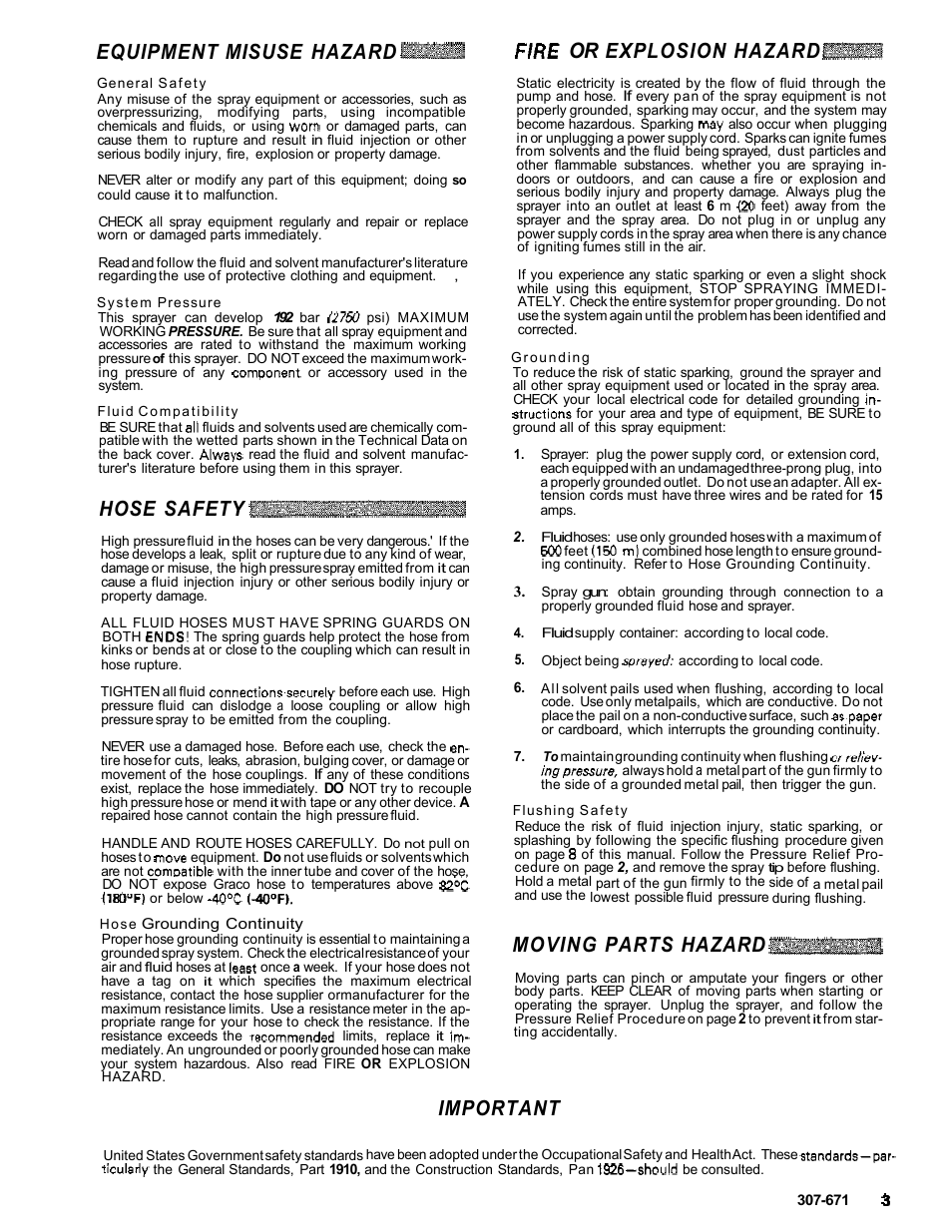 Equipment misuse hazard, Hose safety, Or explosion hazard | Moving parts hazard, Important | Graco ULTRA AIRLESS 230-963 User Manual | Page 4 / 37