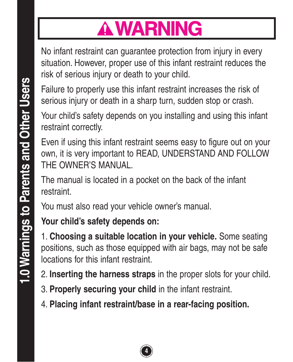 0 w arnings to p arents and other user s | Graco Quattro Tour PD120916A User Manual | Page 44 / 128