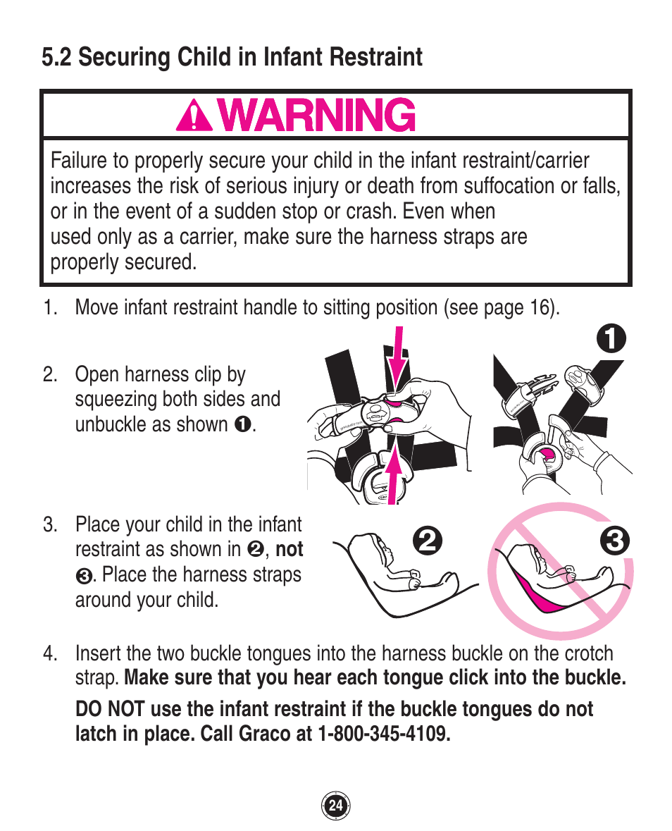 2 securing child in infant restraint | Graco Quattro Tour PD120916A User Manual | Page 64 / 128