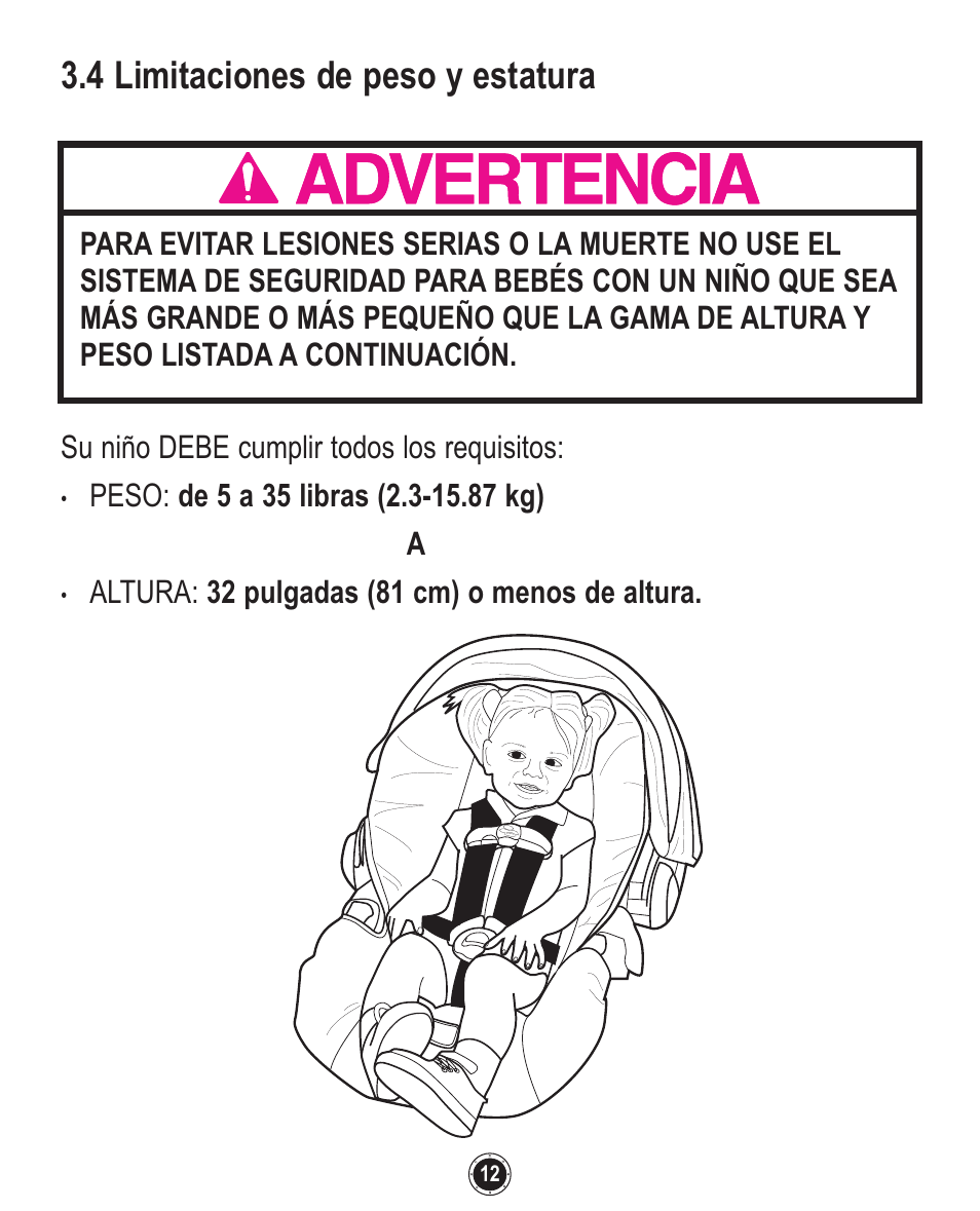 4 limitaciones de peso y estatura | Graco Quattro Tour PD120916A User Manual | Page 96 / 128