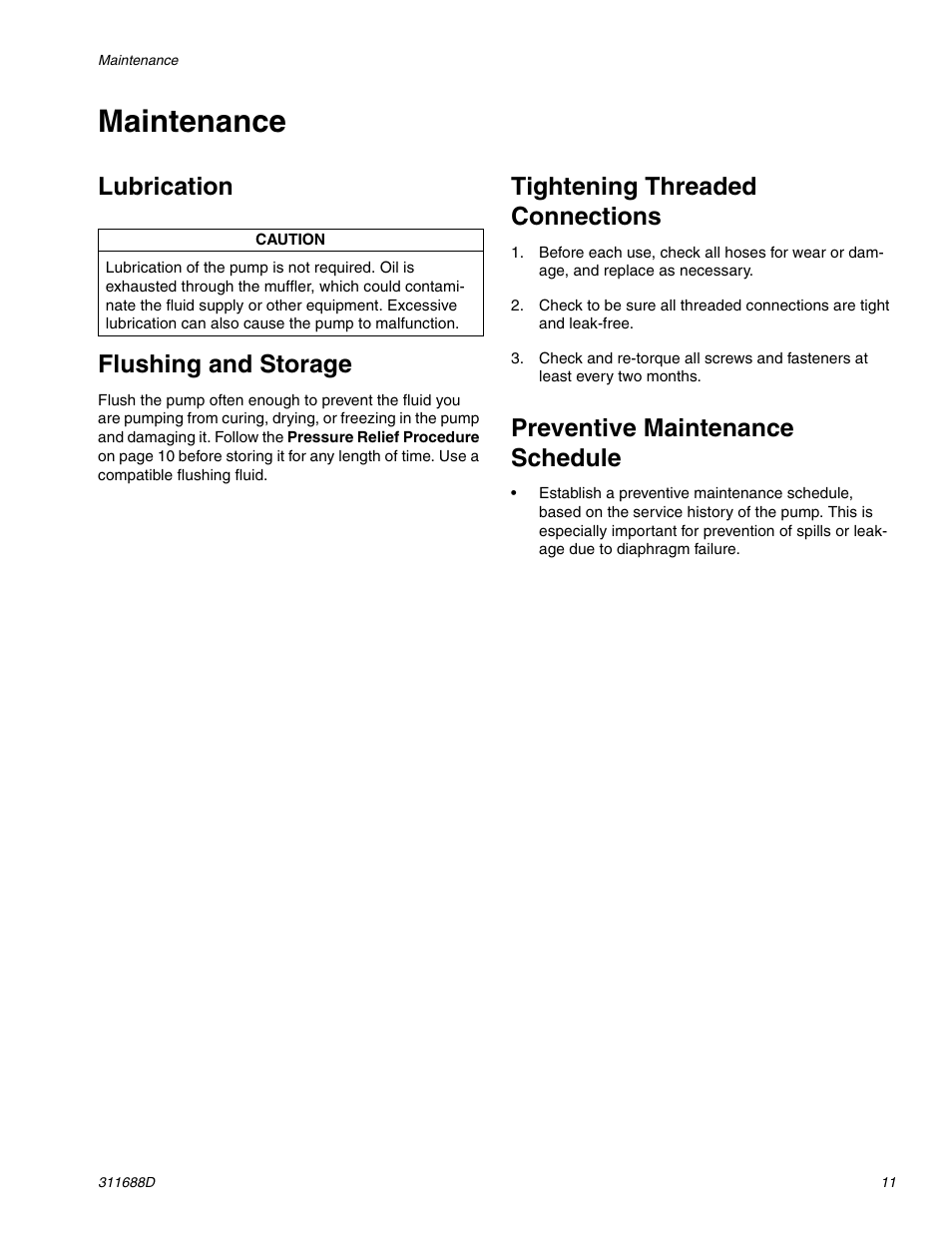 Maintenance, Lubrication flushing and storage, Tightening threaded connections | Preventive maintenance schedule | Graco TRITON 3D150 User Manual | Page 11 / 28