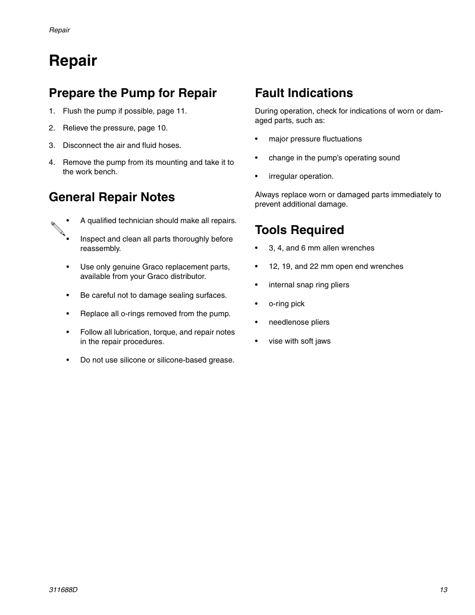 Repair, Prepare the pump for repair, Tools required | Graco TRITON 3D150 User Manual | Page 13 / 28