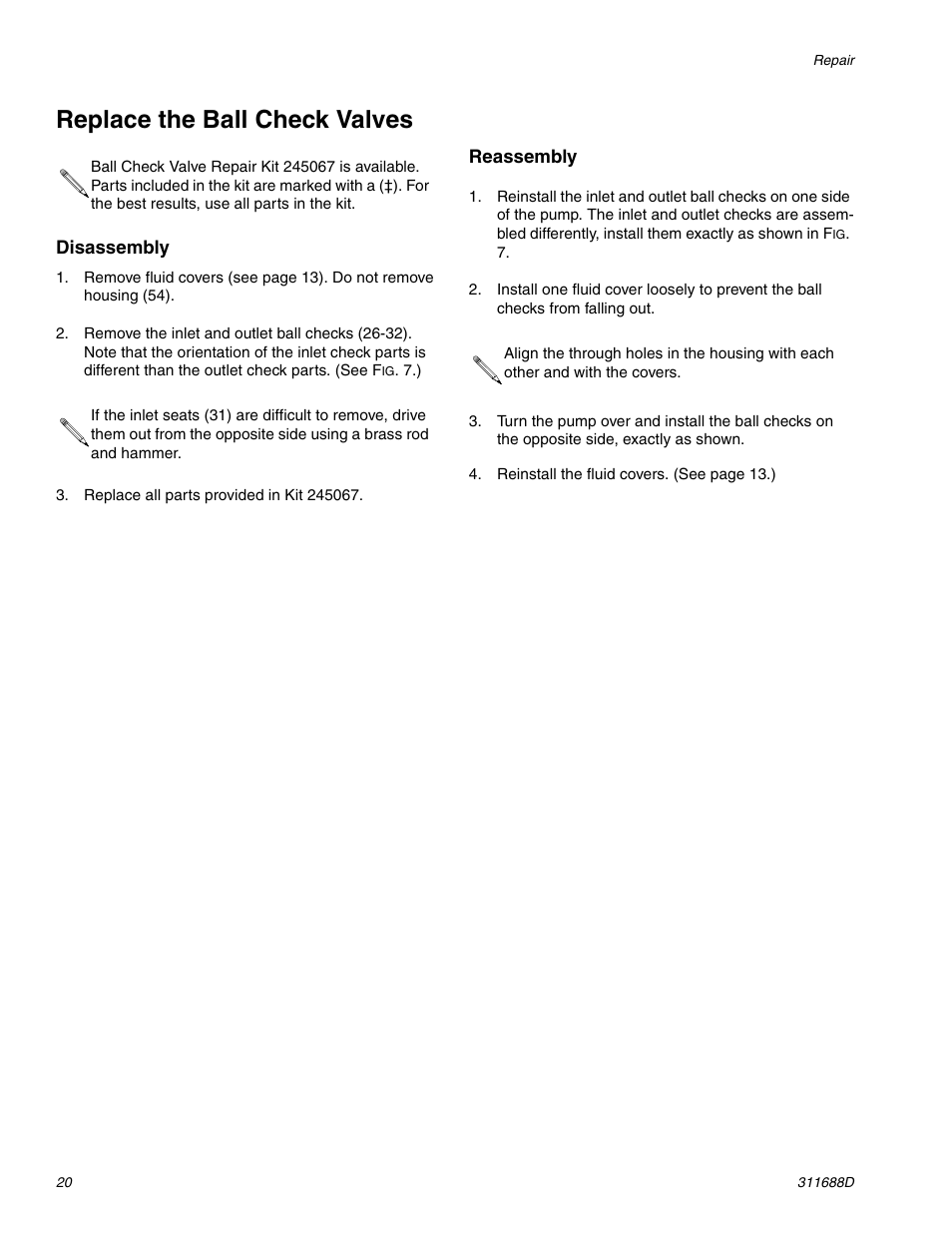 E 20, Ge 20, Replace the ball check valves | Graco TRITON 3D150 User Manual | Page 20 / 28
