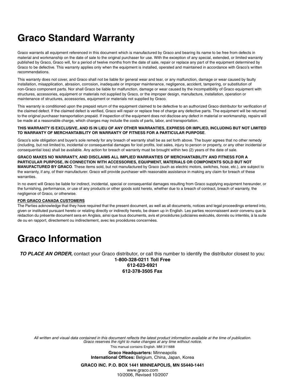Graco standard warranty, Graco information | Graco TRITON 3D150 User Manual | Page 28 / 28