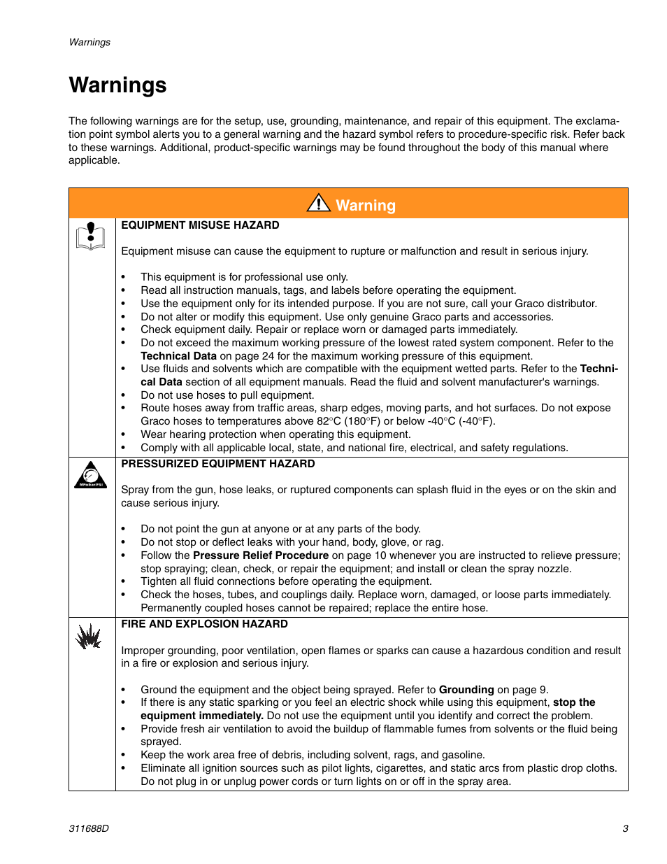 Warnings, Warning | Graco TRITON 3D150 User Manual | Page 3 / 28