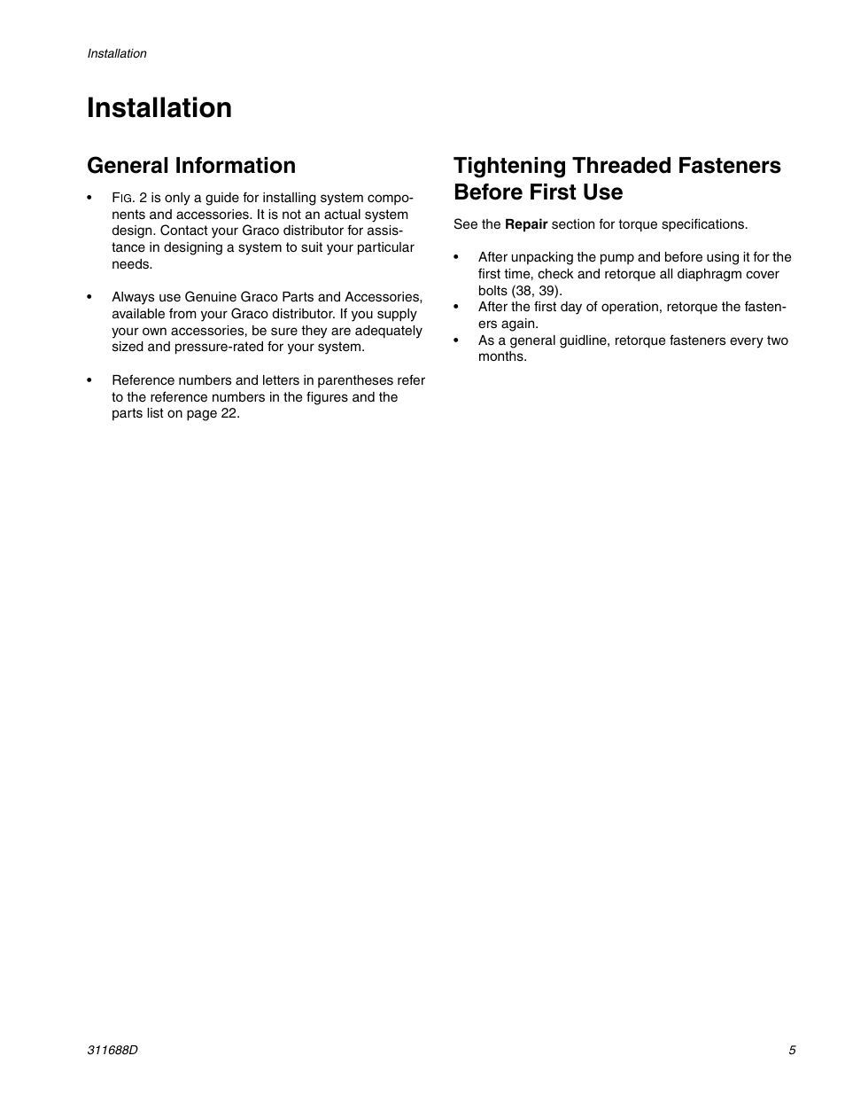 Installation, General information, Tightening threaded fasteners before first use | Graco TRITON 3D150 User Manual | Page 5 / 28