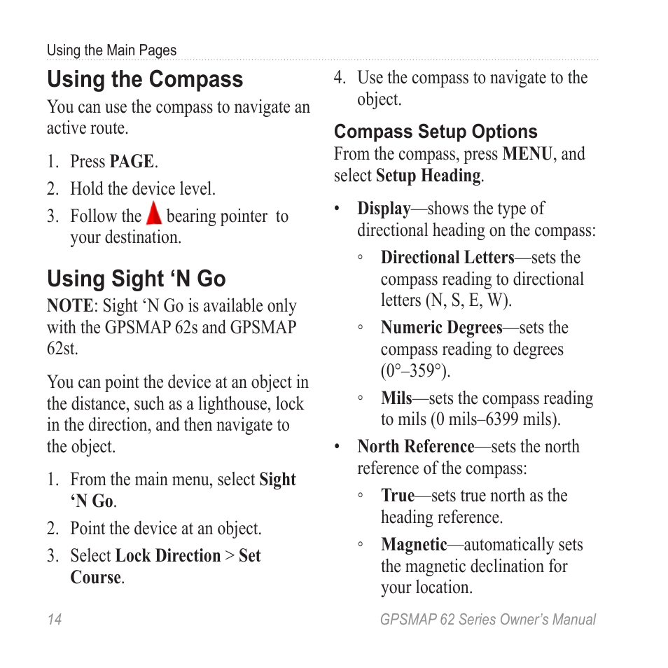 Using the compass, Using sight ‘n go | Graco GPSMAP 62 User Manual | Page 18 / 56