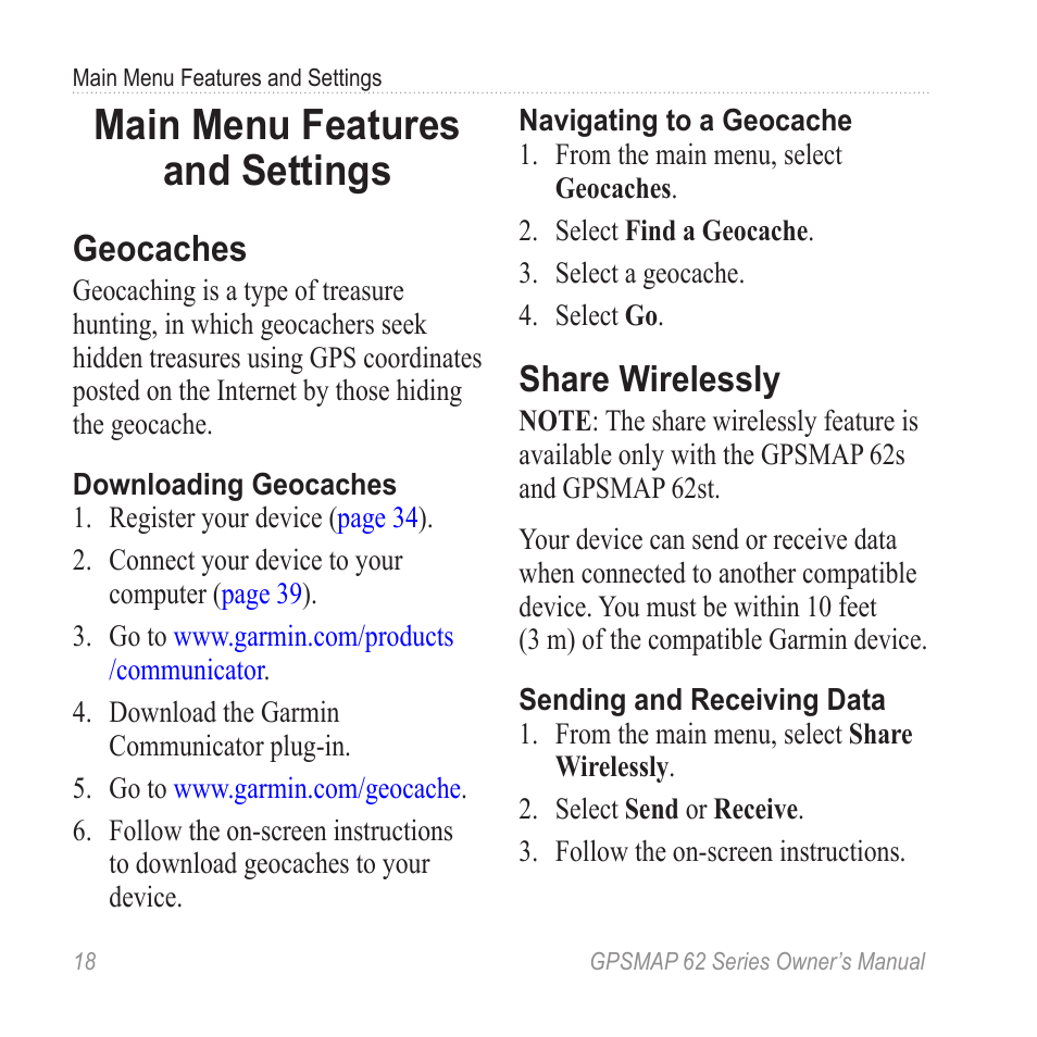 Main menu features and settings, Geocaches, Share wirelessly | Main menu features and, Settings | Graco GPSMAP 62 User Manual | Page 22 / 56