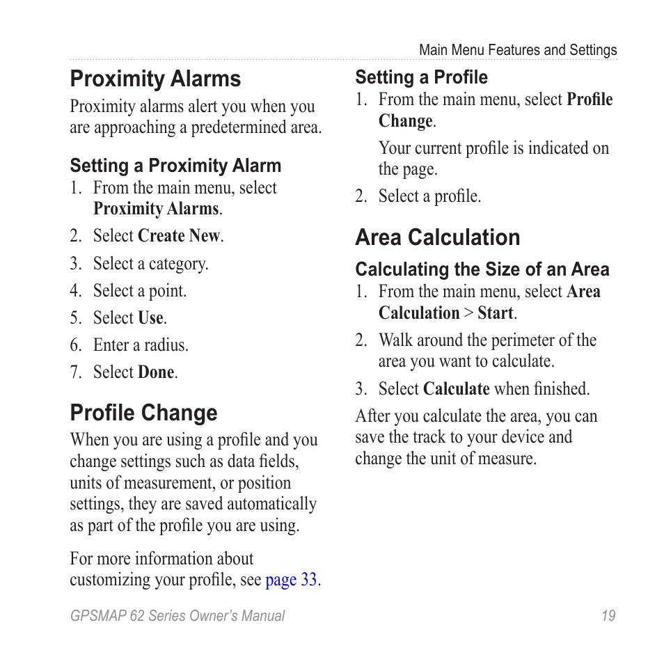 Proximity alarms, Profile change, Area calculation | Graco GPSMAP 62 User Manual | Page 23 / 56