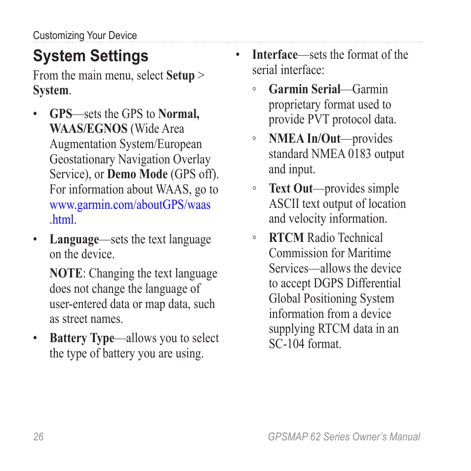 System settings | Graco GPSMAP 62 User Manual | Page 30 / 56