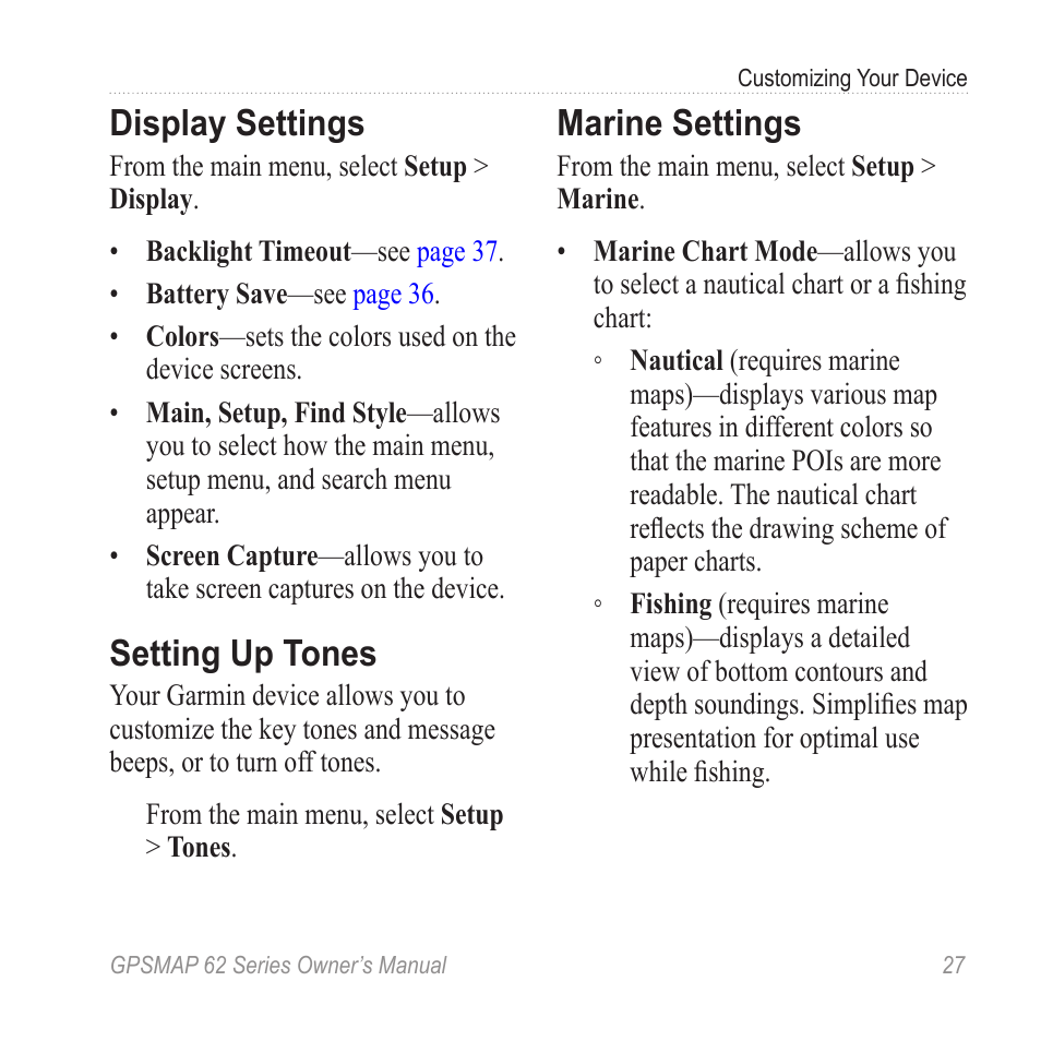 Display settings, Setting up tones, Marine settings | Graco GPSMAP 62 User Manual | Page 31 / 56