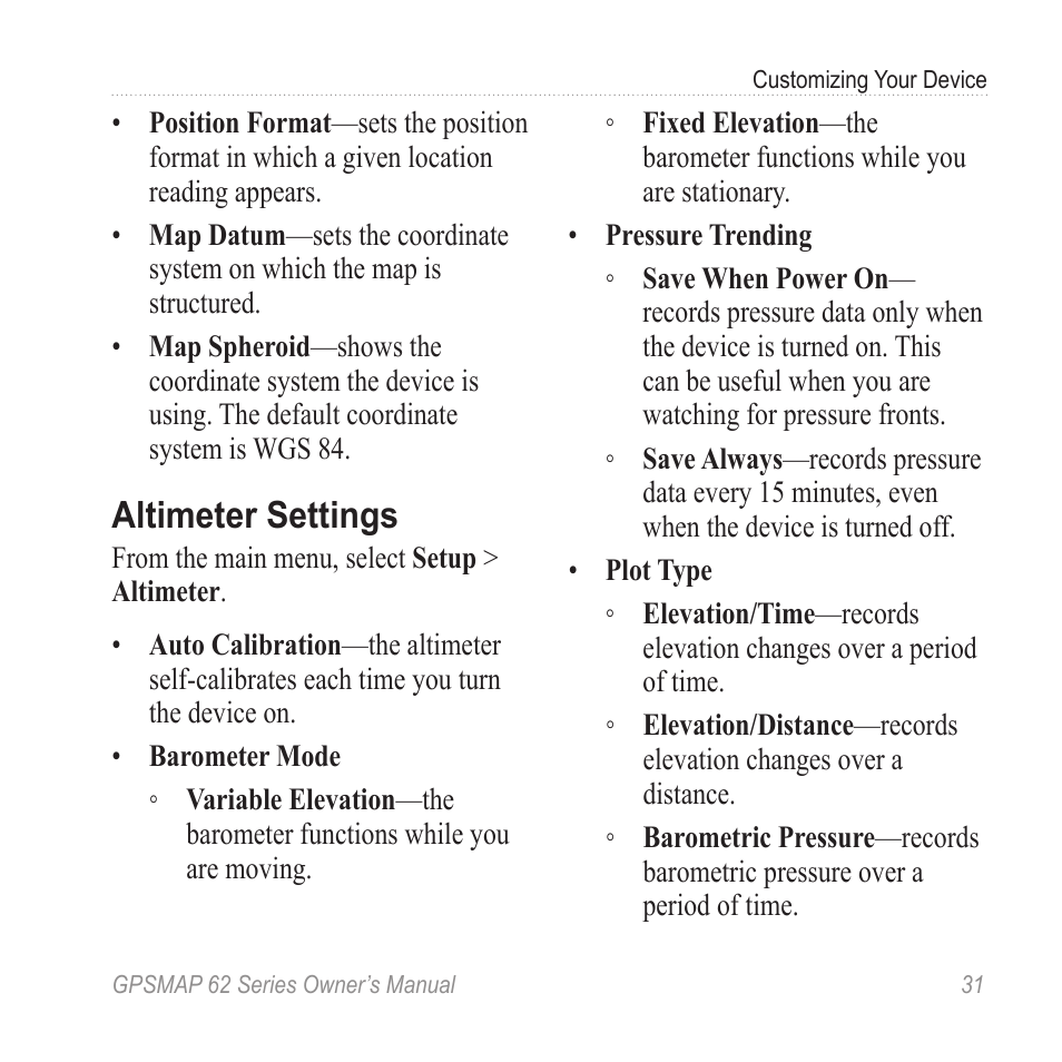 Altimeter settings | Graco GPSMAP 62 User Manual | Page 35 / 56