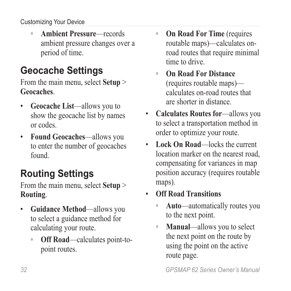 Geocache settings, Routing settings | Graco GPSMAP 62 User Manual | Page 36 / 56