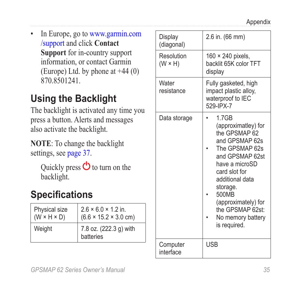 Using the backlight, Specifications | Graco GPSMAP 62 User Manual | Page 39 / 56