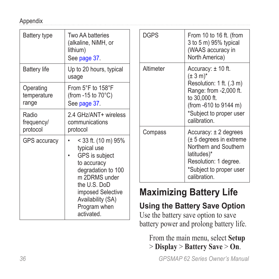 Maximizing battery life | Graco GPSMAP 62 User Manual | Page 40 / 56