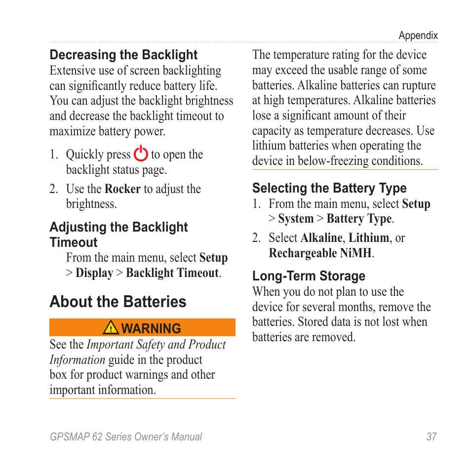 About the batteries, Results, System settings | Graco GPSMAP 62 User Manual | Page 41 / 56