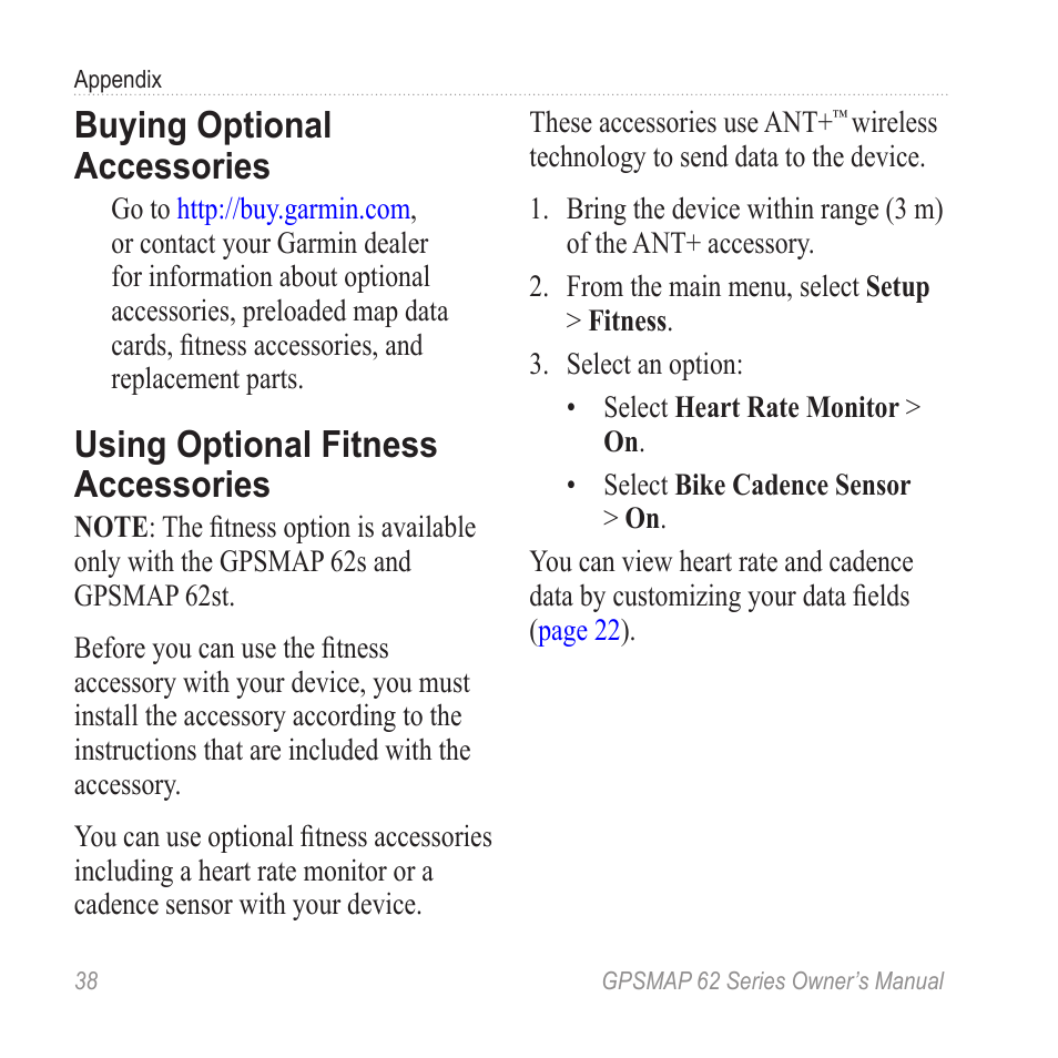 Buying optional accessories, Using optional fitness accessories, Using optional fitness | Accessories | Graco GPSMAP 62 User Manual | Page 42 / 56