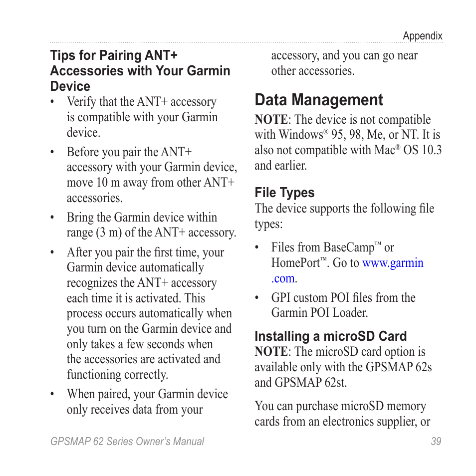 Data management | Graco GPSMAP 62 User Manual | Page 43 / 56