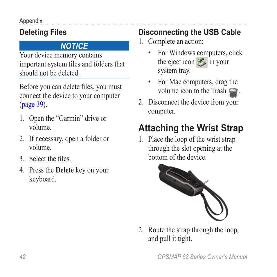 Attaching the wrist strap | Graco GPSMAP 62 User Manual | Page 46 / 56