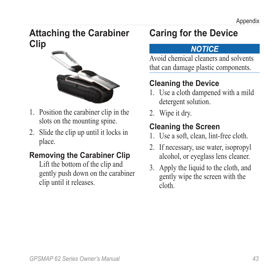 Attaching the carabiner clip, Caring for the device | Graco GPSMAP 62 User Manual | Page 47 / 56