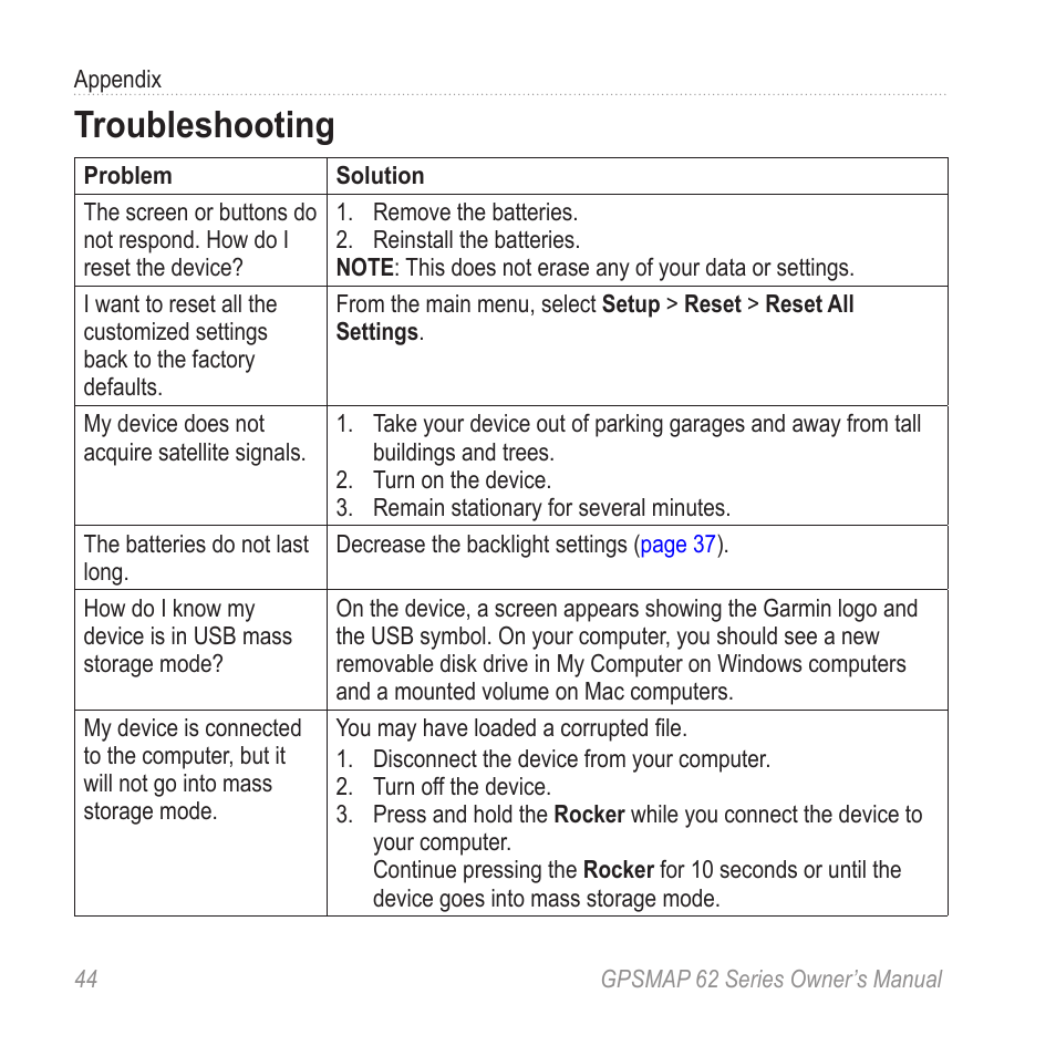 Troubleshooting | Graco GPSMAP 62 User Manual | Page 48 / 56