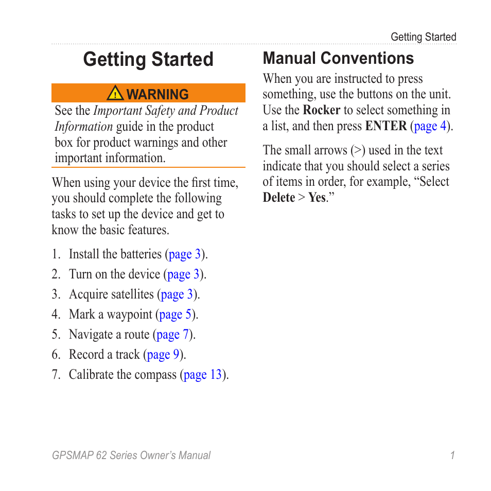 Getting started, Manual conventions | Graco GPSMAP 62 User Manual | Page 5 / 56