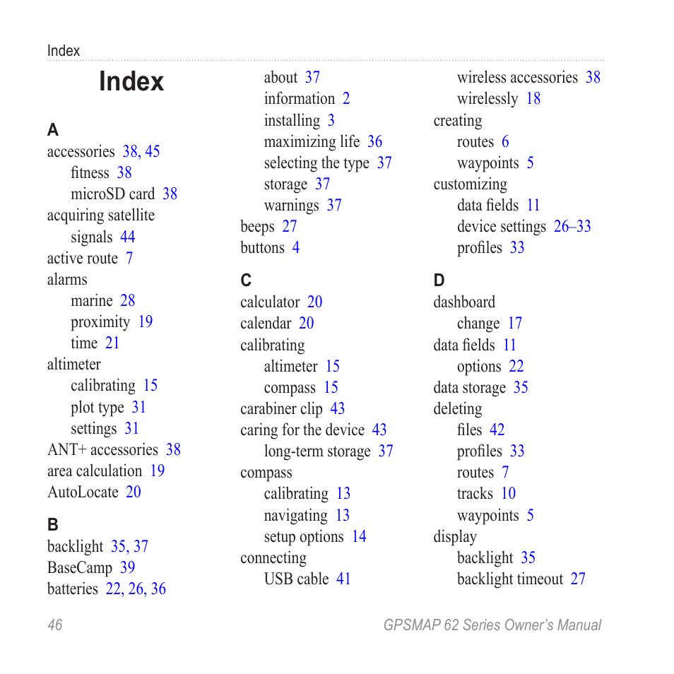 Index | Graco GPSMAP 62 User Manual | Page 50 / 56