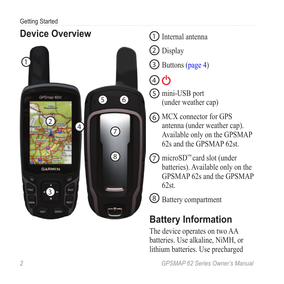 Device overview, Battery information | Graco GPSMAP 62 User Manual | Page 6 / 56