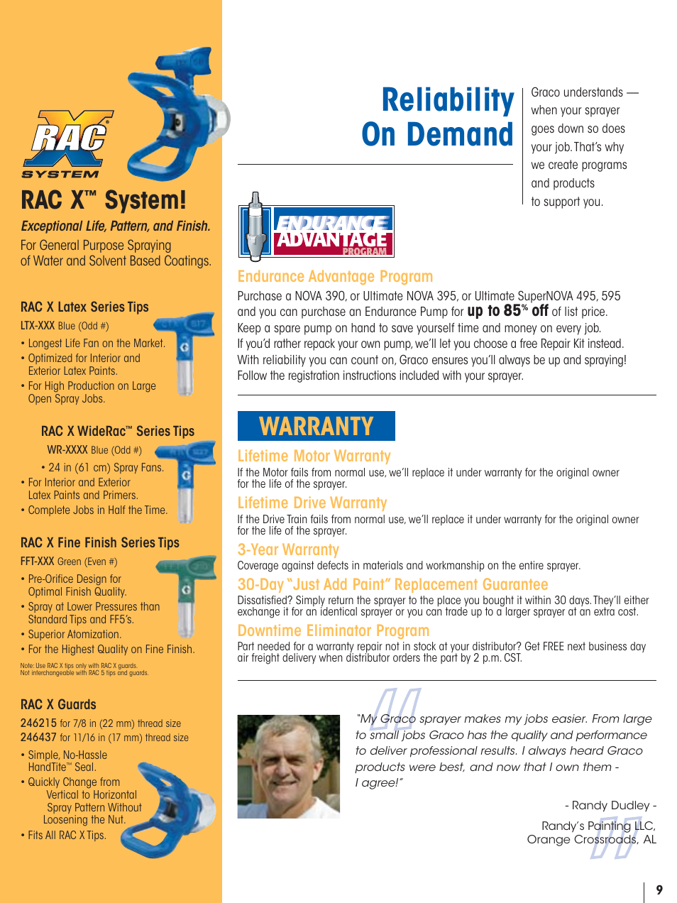 Reliability on demand, Rac x, System | Warranty, Endurance advantage program, Up to 85, Lifetime motor warranty, Lifetime drive warranty, Year warranty, Day “just add paint” replacement guarantee | Graco Ultra 395 User Manual | Page 11 / 12
