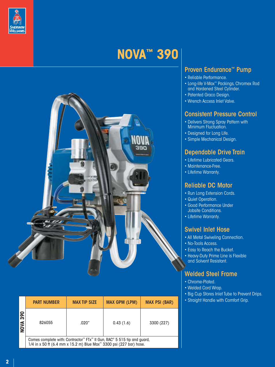 Nova, Proven endurance, Pump | Consistent pressure control, Dependable drive train, Reliable dc motor, Swivel inlet hose, Welded steel frame | Graco Ultra 395 User Manual | Page 4 / 12