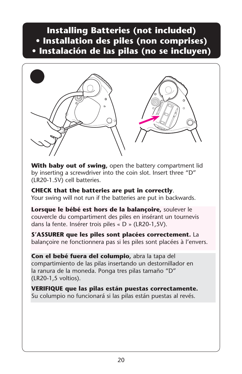 Installing batteries (not included) s s | Graco Lovin' Hug 1761531 User Manual | Page 20 / 44