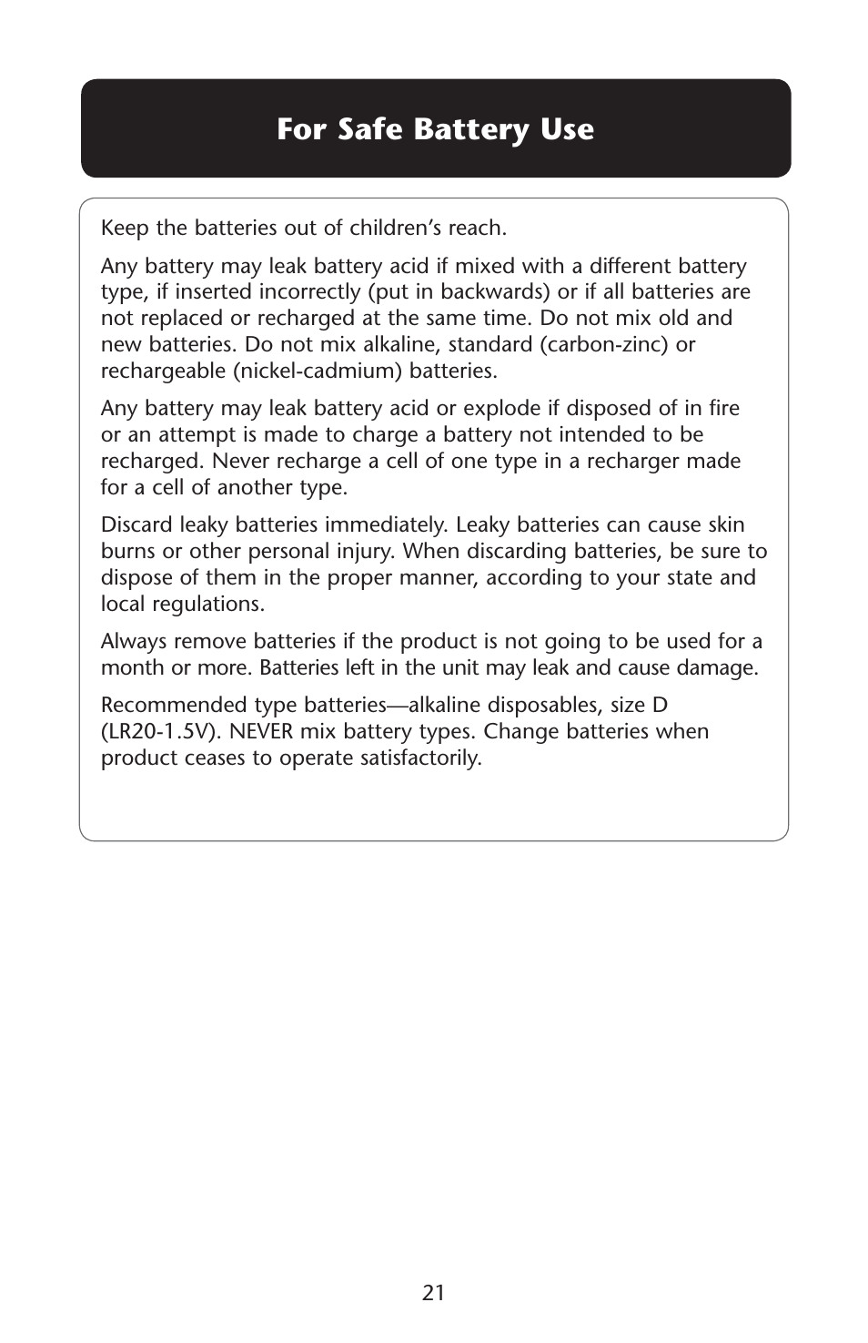 For safe battery use | Graco Lovin' Hug 1761531 User Manual | Page 21 / 44