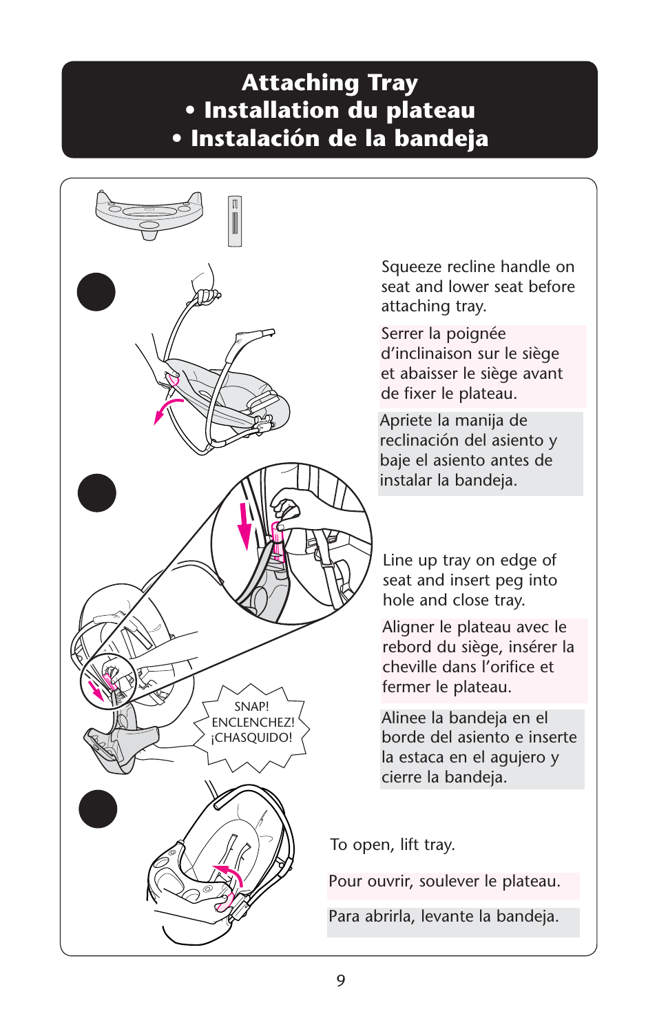 Attaching tray s s | Graco Lovin' Hug 1761531 User Manual | Page 9 / 44