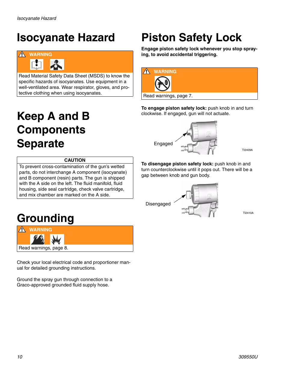 Isocyanate hazard, Keep a and b components separate, Grounding | Piston safety lock | Graco FUSION 309550U User Manual | Page 10 / 46