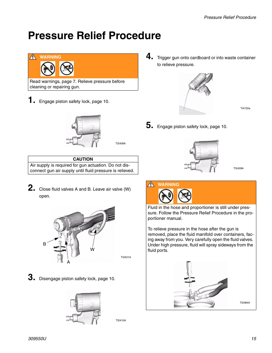 Pressure relief procedure, E 15 | Graco FUSION 309550U User Manual | Page 15 / 46