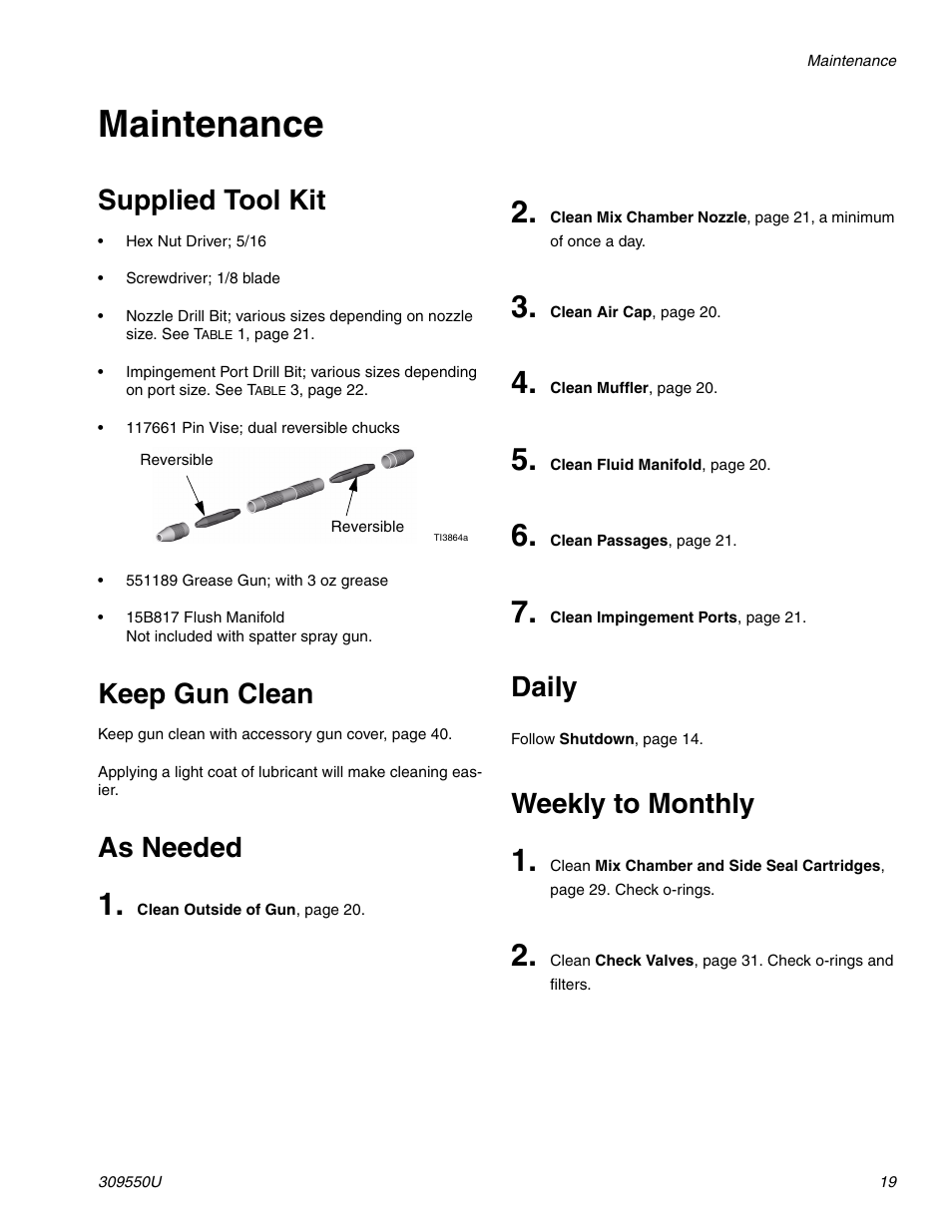 Maintenance, Supplied tool kit, Keep gun clean | As needed daily weekly to monthly | Graco FUSION 309550U User Manual | Page 19 / 46